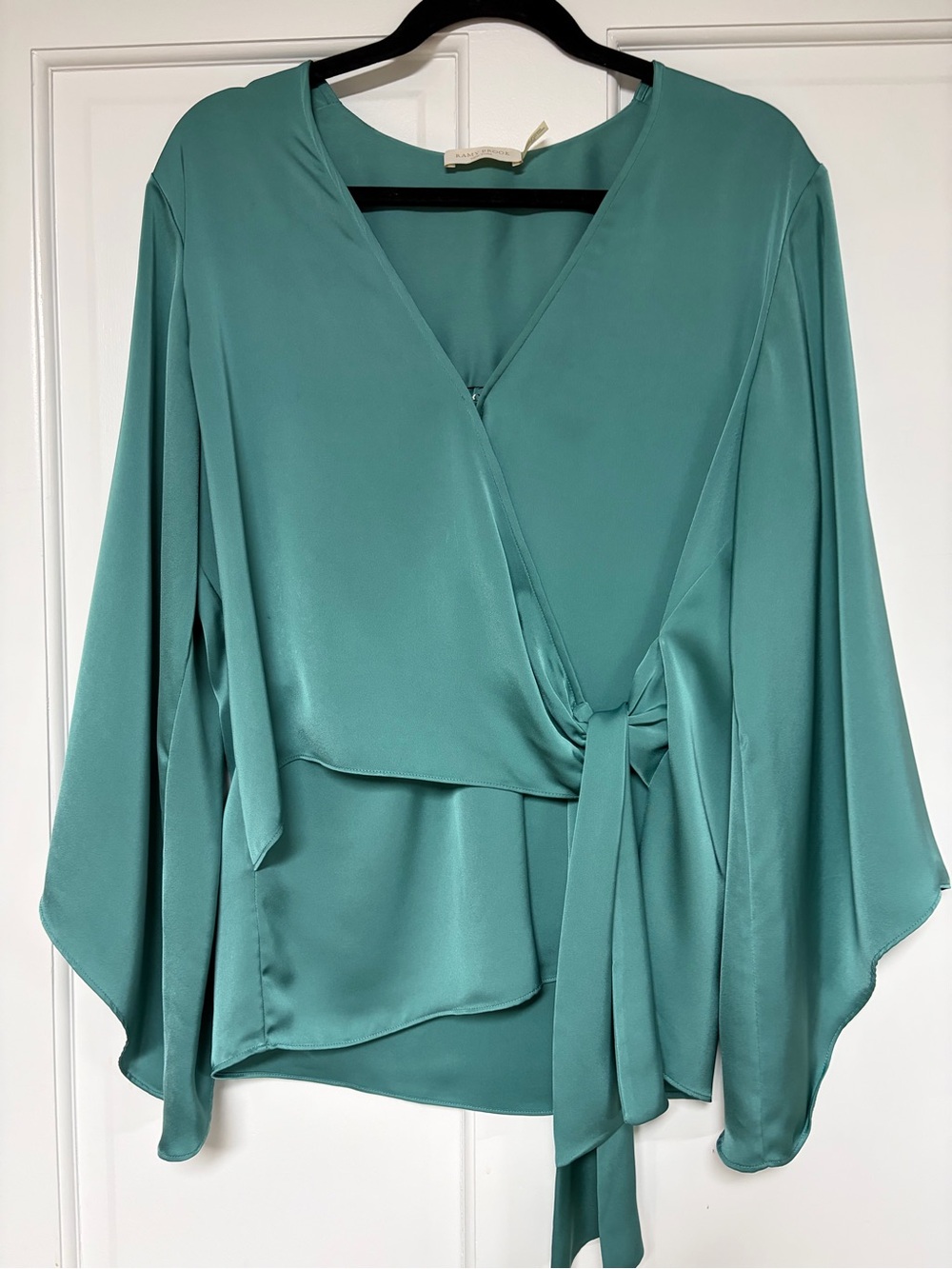 Ramy Brook Satin Teal Wrap Blouse with Side Tie